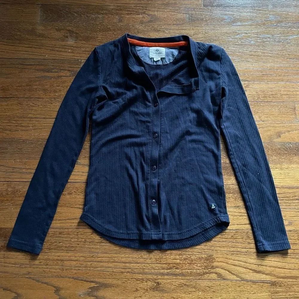 Sperry Navy Long Sleeve Button Front Waffle Top